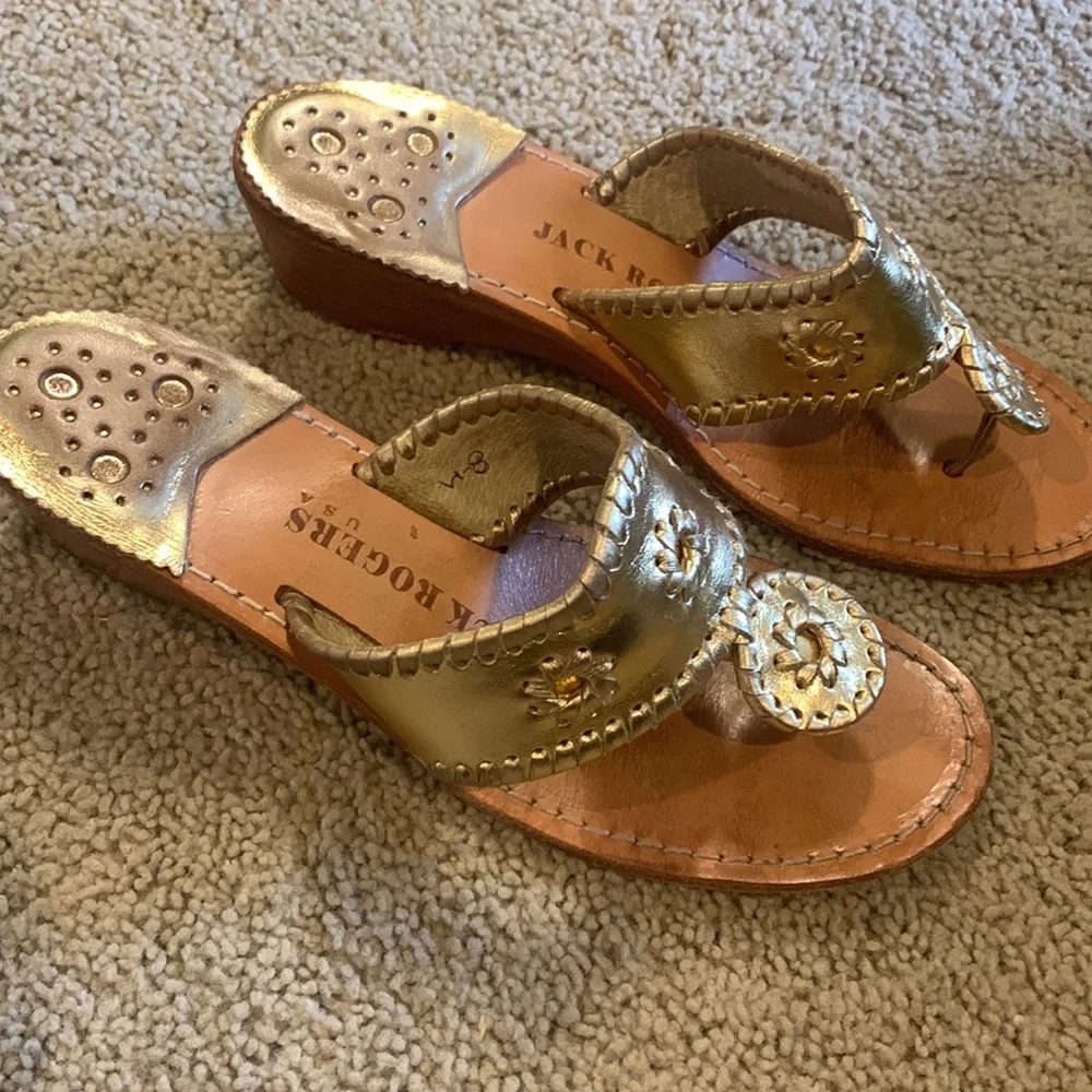 Jack Rogers. Metallic Gold Leather Wedge Sandals